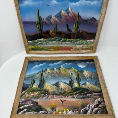 Pair of Original Framed Desert Paintings - Rustic Mountain & Cacti Scenes	