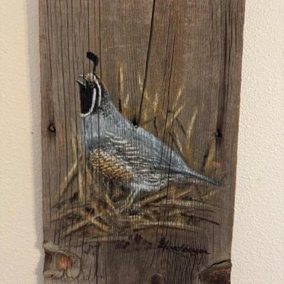 Signed Original Quail Painting on Reclaimed Barn Wood	