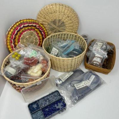 Diverse Collection of Turned Stone Beads w/ Woven & Longaberger Baskets	