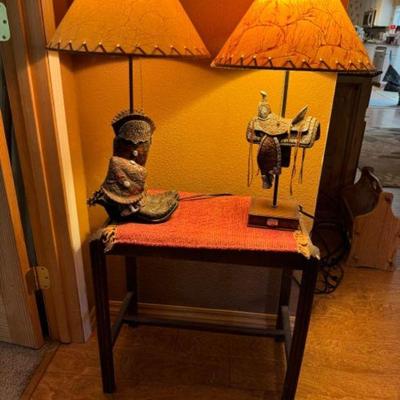 Boot & Saddle Lamp Ensemble w/ Antique Side Table & Runner	