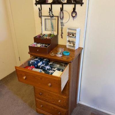 Chest Filled w/ Assorted Jewelry & Storage Boxes + Wall Hanging Display Unit	