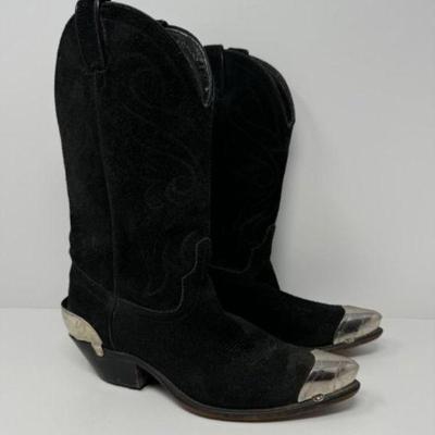 Code West Black Suede Western Cowboy Boots w/ Decorative Metal Tips	