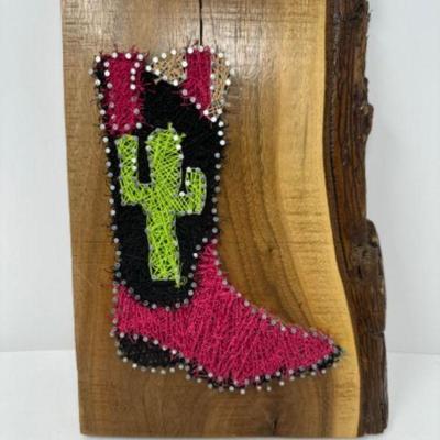 Cactus Boot String & Nail Art on Live Edge Wood	