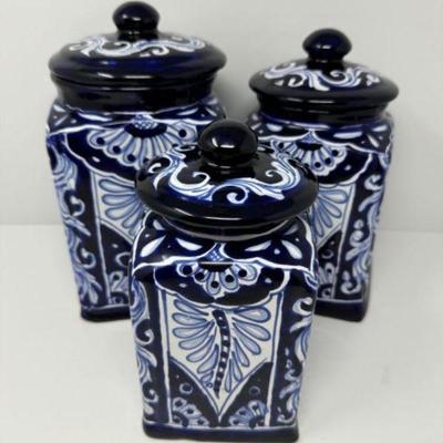 Talavera Canister Set (3) - Blue & White Floral Design	