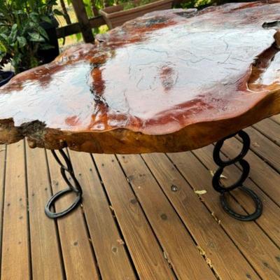 Live Edge Coffee Table w/ Redwood Top & Horseshoe Base	