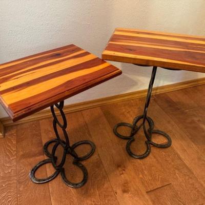 Handcrafted Solid Wood Side Tables w/ Repurposed Horseshoes #1	