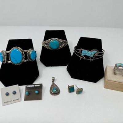 Sterling Silver & Turquoise Bracelet, Earrings, Pendant & Ring	