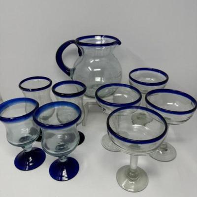 Hand Blown Pitcher, Daquiri & Margarita Glasses w/ Cobalt Blue Accents	