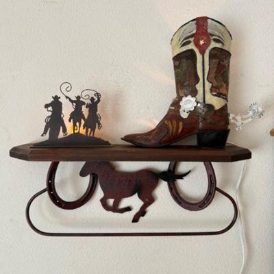 Western Cowboy Décor: Horseshoe Shelf, Boot Lamp, Iron Candle Holder	