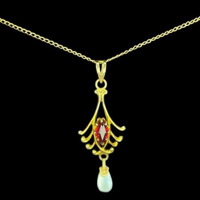 Victorian 14k Gold, Ruby and Mother of Pearl Necklace