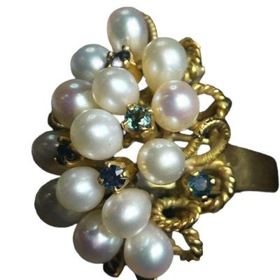 14k Gold, Pearl, and Sapphire Cluster Ring