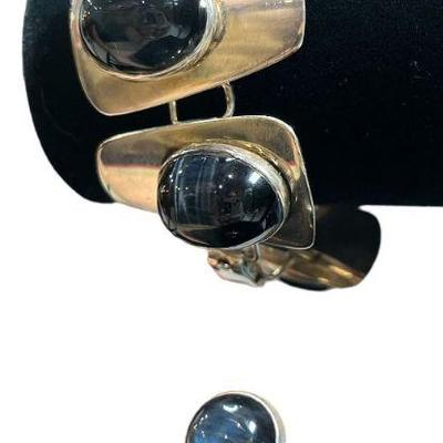 Sterling Silver and Blue Moonstone Bracelet and Ring, Mid Century