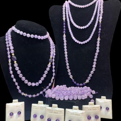 Collection 14k Gold and Frosted Amethyst Necklaces, Strands, and Earrings