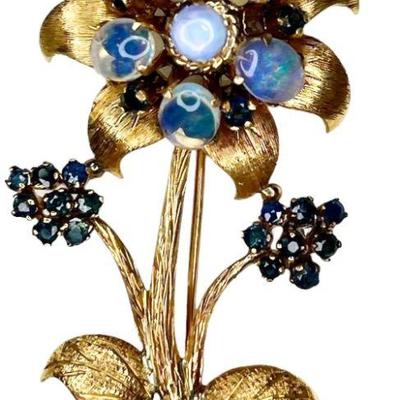 Floral Gold, Moonstone, and Sapphire Brooch