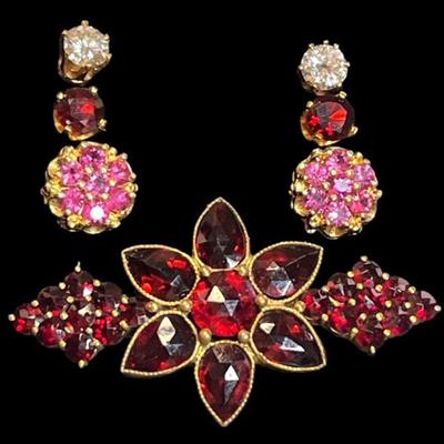 Collection 14k Gold Ruby and Garnet Earrings & Gold Filled Brooch