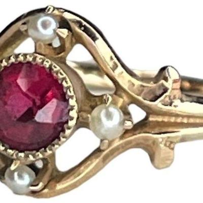Victorian 14k Gold Ruby & Pearl Ring
