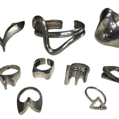 Collection Modernist Rings and Bracelets, Some Sterling Silver