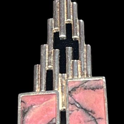 Sterling Silver and Rhodochrosite Modernist Pendant, From Denmark