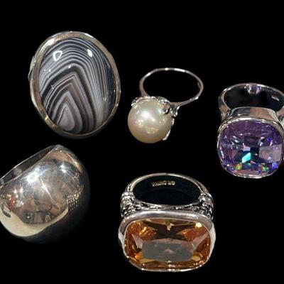 Five Silver Semi Precious Stone Rings