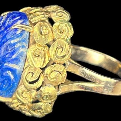 14k Gold and Sodalite Art Deco Statement Ring