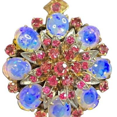 Victorian Gold Filled Moonstone and Ruby Flower Brooch or Pendant