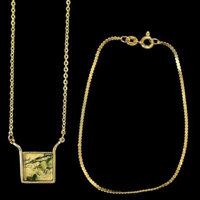 14k Gold and Moss Agate Necklace, Bracelet