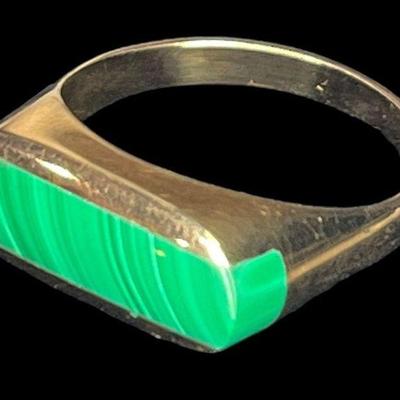 14k Gold Striped Green Onyx Ring
