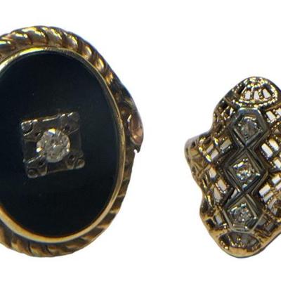 Two Art Deco 10k Gold, Diamond, and Onyx Rings