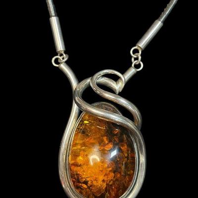 Large Sterling Silver and Amber Modernist Pendant
