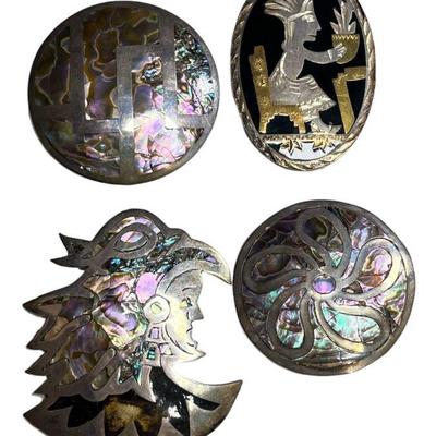Four Mexican Sterling Silver and Abalone Brooches, Pendants