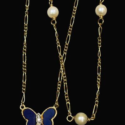 Two 14k Gold, Pearl, Diamond, and Lapis Necklaces