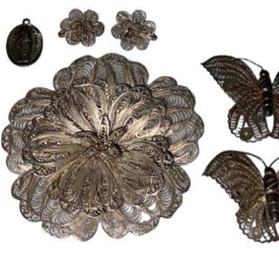 Assorted Antique Filigree, Medals and Articulated Fish Jewelry