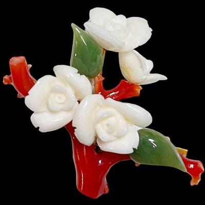 Vintage Jade and Coral Tree Form Brooch