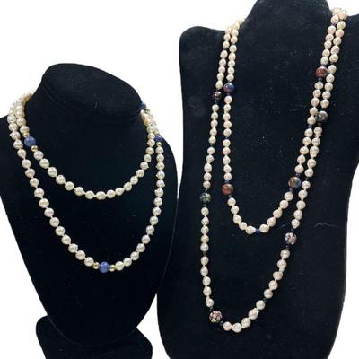 Three 14k Gold Cultured Pearl, Cloisonne, and Genuine Stone Necklaces