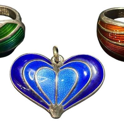 Collection DAVID ANDERSEN Sterling Silver and Enamel Rings, Pendant