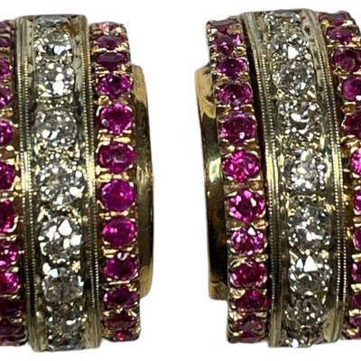 14k Gold, Diamond, and Ruby Earrings