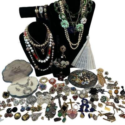 Rhinestone and Costume Jewelry Assortment, Some Sterling Silver