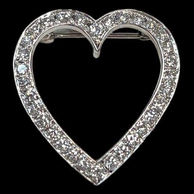 14k White Gold and Diamond Heart Brooch, Pendant