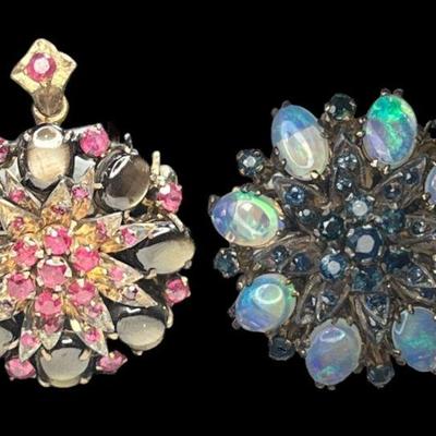 Two Vintage 10k Gold, Ruby, Moonstone, Sapphire Brooches