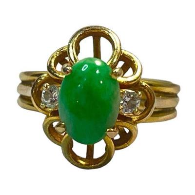 14k Gold, Jade, and Diamond Ring