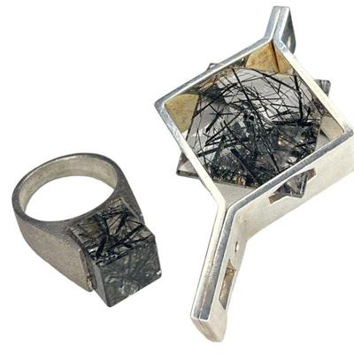 Mid Century Sterling Silver and Tourmalinated Quartz Pendant & Ring