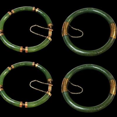 Four 14k Gold and Jade Bracelets