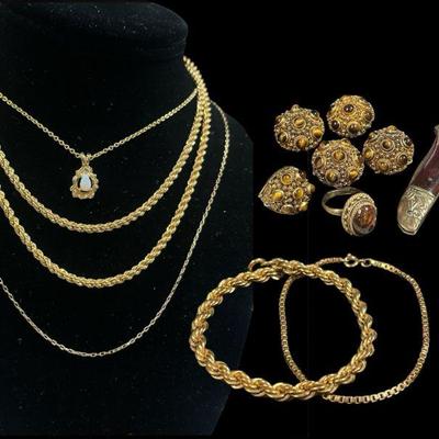 Collection Gold Filigree, Tiger's Eye, and Opal Jewelry, Pocket Knife