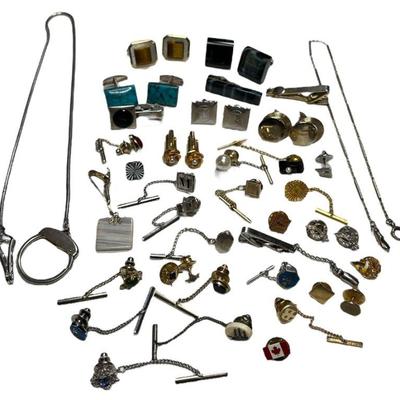 Large Collection Vintage Mens Cufflinks, Tie Clips, Watch Chains, Some Sterling Silve