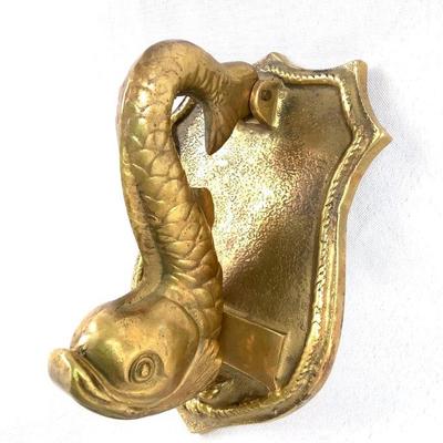 TEMA218 Vintage Solid Brass Koi Door Knocker	Koi on shield, weights almost 4lbs. 
