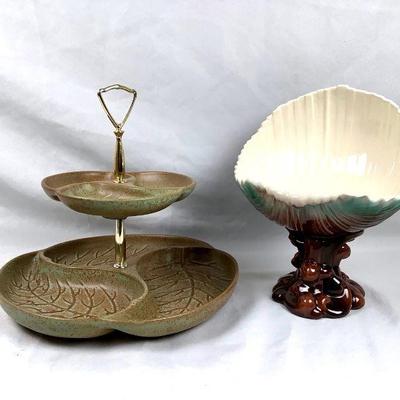 MAGR204 Royal Haeger Pieces	A Royal Haeger 2-tiered cabbage tray and a 1940's Shell form console bowl. 
