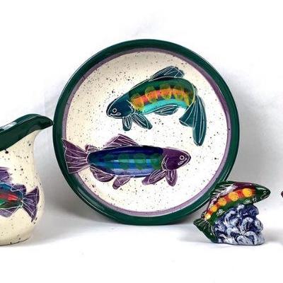 BIGA232 Julie Ueland Backsplash Pottery	Smaller shallow bowl, Pitcher with a Salmon design and salt & pepper shakers.
