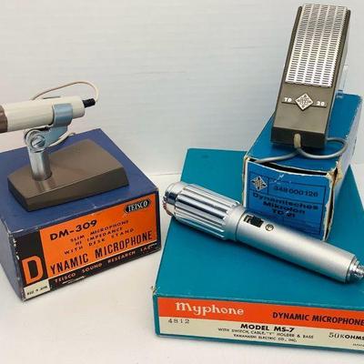 BEDO607 Vintage Microphones	This lot includes a vintage Teisco DM-309 dynamic microphone with stand and original box, Myphone model MS-7...