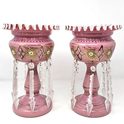 Antique Victorian Late 1800s Pink Opaline Hand Blown Glass Mantle Lusters w/ Crystal Prisms 12" Tall