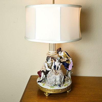  Vintage Dresden Style Porcelain Figurine Group Table Lamp - Man Playing Lute to Seated Couple